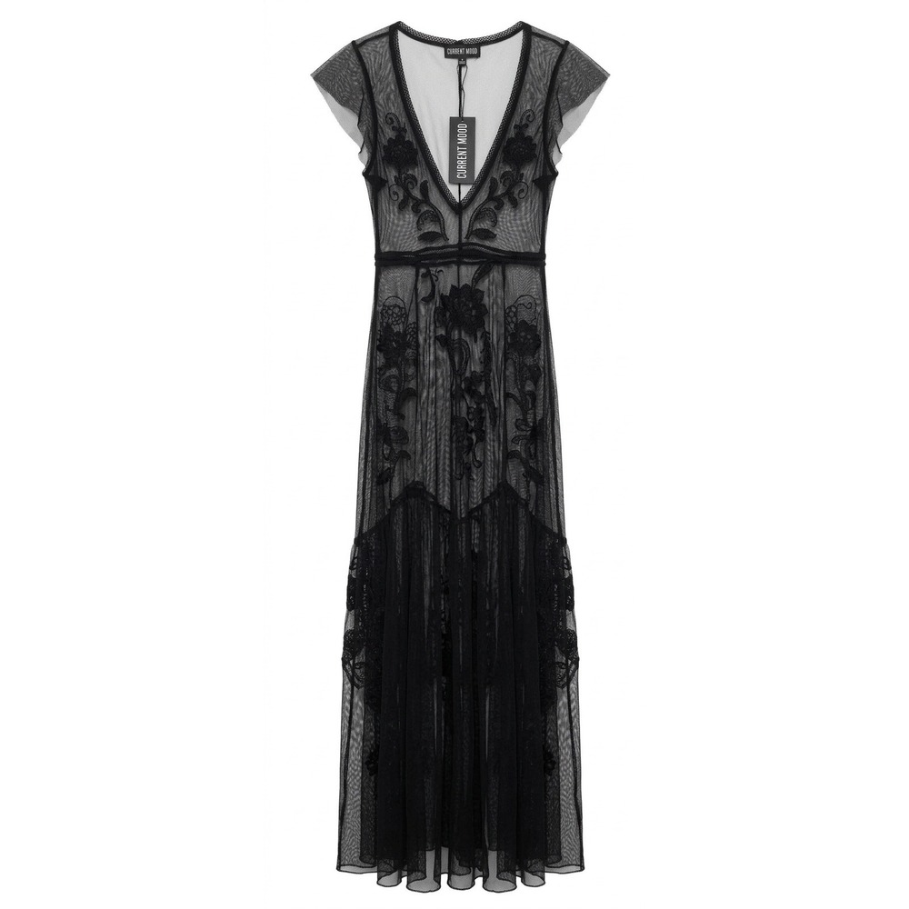 NWT Current Mood Black Embroidered Mesh Gothic Maxi Dress
